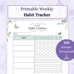 Puede incluir: Planificador de h&aacute;bitos semanal imprimible con un dise&ntilde;o floral. El planificador tiene una secci&oacute;n para la fecha, una lista de h&aacute;bitos y una cuadr&iacute;cula para realizar un seguimiento de los h&aacute;bitos para cada d&iacute;a de la semana. El planificador est&aacute; en un esquema de color verde claro y blanco con un gr&aacute;fico de mariposa.