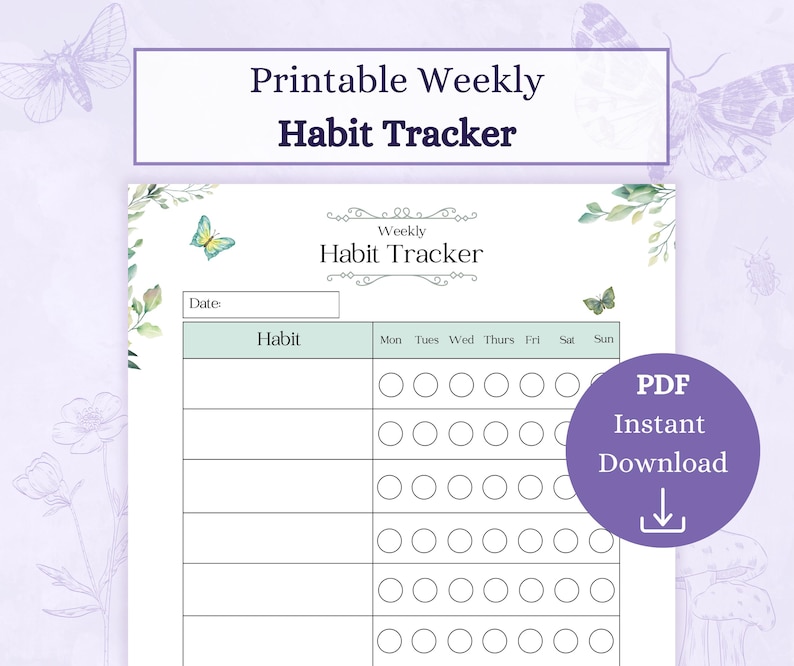 Puede incluir: Planificador de h&aacute;bitos semanal imprimible con un dise&ntilde;o floral. El planificador tiene una secci&oacute;n para la fecha, una lista de h&aacute;bitos y una cuadr&iacute;cula para realizar un seguimiento de los h&aacute;bitos para cada d&iacute;a de la semana. El planificador est&aacute; en un esquema de color verde claro y blanco con un gr&aacute;fico de mariposa.