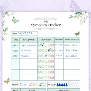 May include: A printable daily symptom tracker with a floral design. The tracker includes sections for date, time, symptom, severity, duration, relief measures, mood, water intake, food, and activities. The tracker has a light green and white color scheme with butterflies and flowers.