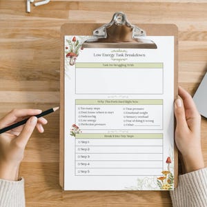 May include: A clipboard with a task breakdown sheet. The sheet has sections for identifying a task, reasons for difficulty, and breaking it into steps. Decorative mushroom illustrations are in the corners.