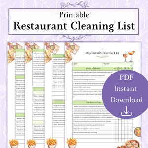 Könnte beinhalten: Druckbare Restaurant-Reinigungsliste mit einem grün-weißen Farbschema. Die Checkliste enthält Abschnitte für den Empfangsbereich, die Küchenvorbereitung und tägliche Aufgaben. Die Checkliste ist mit Datum, Name und Wochentagen formatiert. Das Bild enthält auch einen Download-Button.