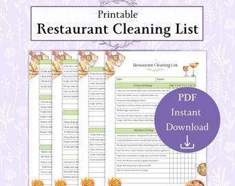 Restaurant schoonmaaklijst afdrukbare pdf | Checklist voor restaurants | Schoonmaakschema | Checklist keukenreiniging
