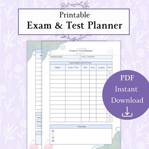 Könnte beinhalten: Ein druckbarer Exam & Test Planner mit einer Tabelle für anstehende Prüfungen, die Spalten für Fach, Datum, Uhrzeit, Ort und Erledigungsstatus enthält. Das Layout umfasst Bereiche für den Namen, das Semester und Prioritäten mit einem lila Kreis.