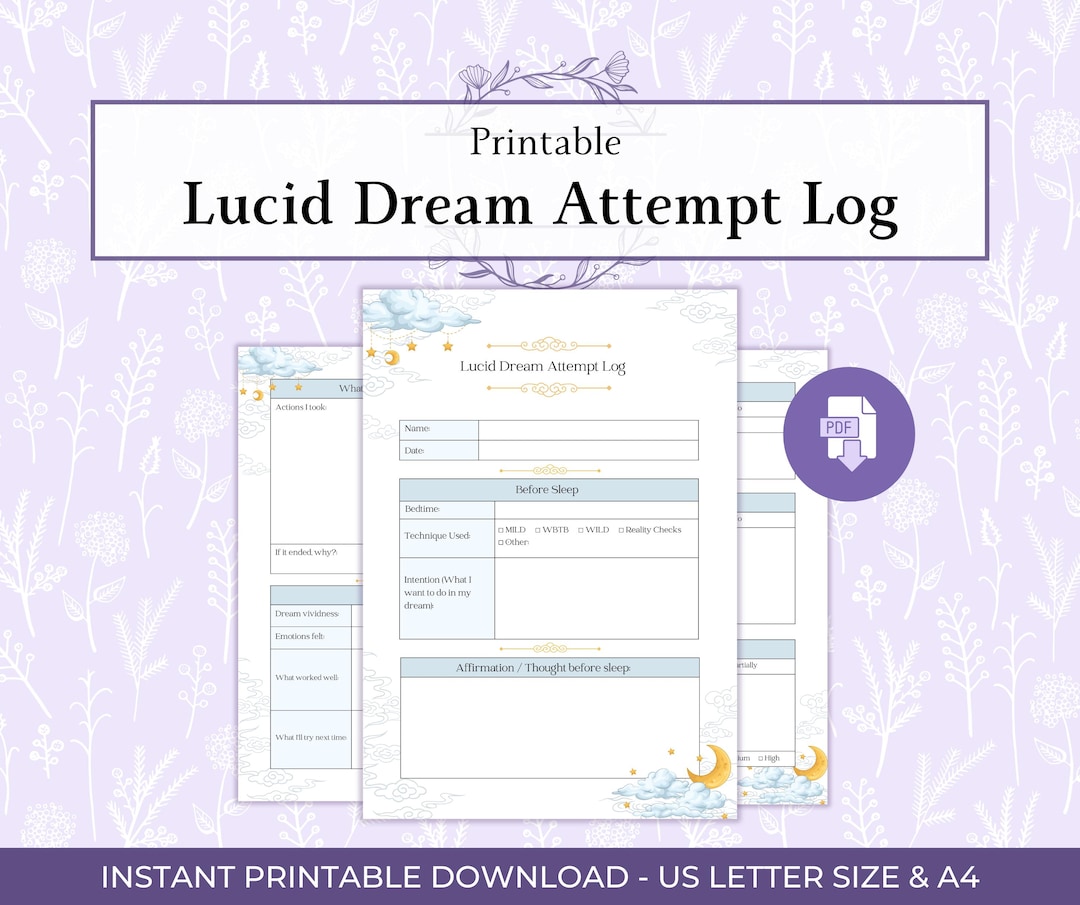 Lucid Dream Attempt Log Printable PDF, Dream Journal Printable, Lucid ...
