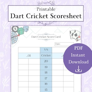 Dart Cricket Scorecard Sheet Printable PDF | Scoreboard Template | Dart Score Sheet | Darts Night Score Log