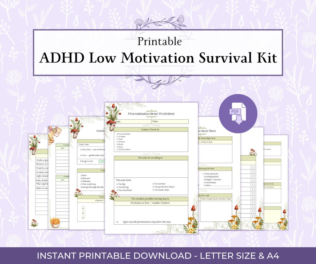 ADHD Low Motivation Survival Kit Bundle Printable PDF, Executive ...