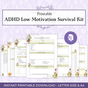 Può includere: Un kit di sopravvivenza stampabile per la bassa motivazione ADHD con fogli di lavoro. I fogli di lavoro includono suggerimenti per i controlli giornalieri, la concentrazione sui compiti e altro ancora. Il design presenta illustrazioni botaniche e il testo.