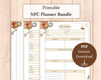Paquete de seguimiento de NPC de DnD en formato PDF imprimible / Planificador de NPC / Paquete de personajes de DnD / Kit de inicio de DM / Diario de DnD