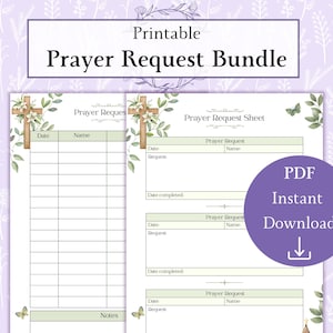 Puede incluir: Paquete de solicitudes de oración imprimible con un diseño floral. El paquete incluye tres hojas con secciones para la fecha, el nombre, la solicitud de oración y la fecha de finalización. Las hojas también incluyen una sección de notas y un espacio para una solicitud de oración.