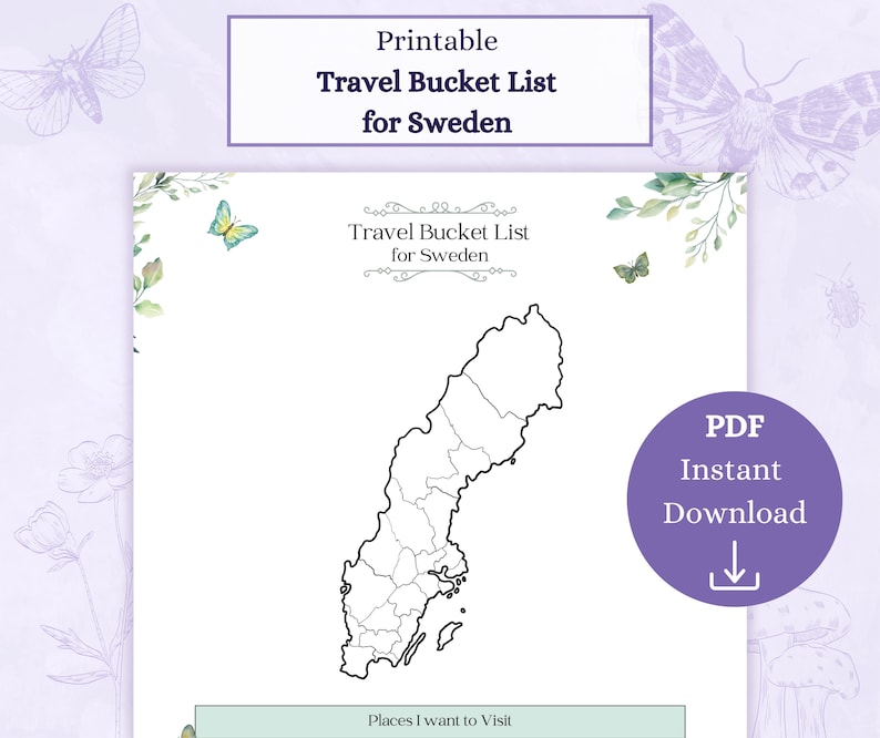 Puede incluir: Lista de viajes para completar para Suecia con un mapa del pa&iacute;s dividido en regiones. El texto "Lugares que quiero visitar" est&aacute; en la parte inferior de la p&aacute;gina. La p&aacute;gina est&aacute; decorada con mariposas y dise&ntilde;os florales.
