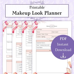 Utskrivbar PDF för makeup-lookplanerare, mall för ansiktsdiagram för MUA, skönhetslookorganisatör, arbetsblad för makeup-artist