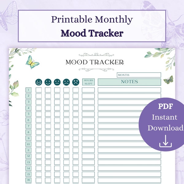 Monthly Mood Chart Printable PDF | Mood Tracker | Feelings Tracker | Self Care Chart