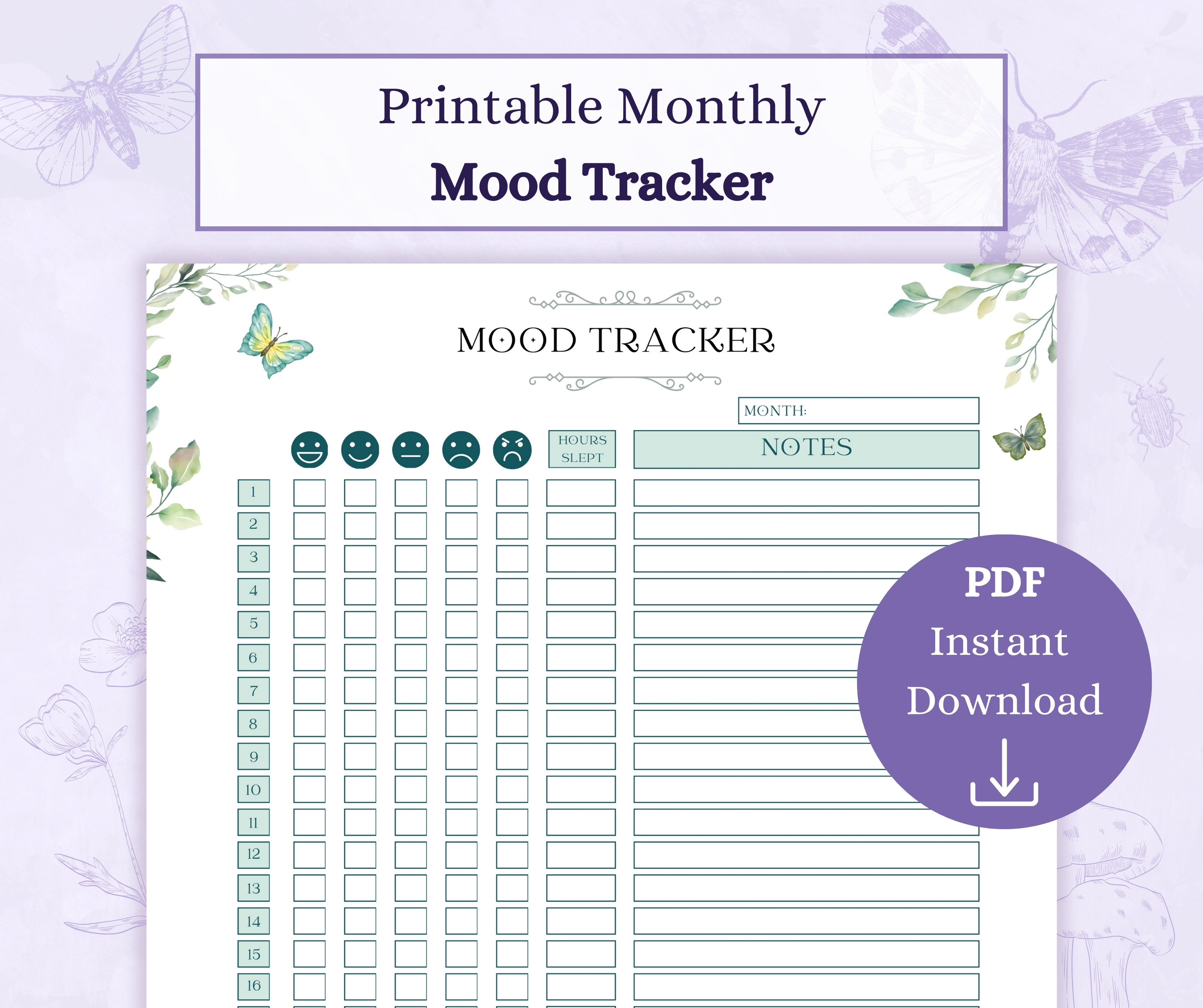Monthly Mood Chart Printable PDF Mood Tracker Feelings Tracker Self