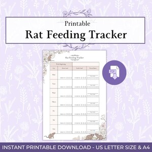 Op de afbeelding: Een printbaar voedingsschema voor ratten met een weekoverzicht inclusief kolommen voor hoofdvoer, vers voer en traktaties. Het document bevat bloemillustraties, tekeningen van kleine ratten en de tekst Rat Feeding Tracker en PDF.