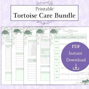 May include: Printable Tortoise Care Bundle with a feeding schedule and care sheets. The design features green turtle illustrations and botanical accents. Includes a PDF instant download option.