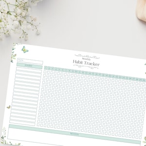 Puede incluir: Un rastreador de h&aacute;bitos mensual imprimible con un esquema de color verde y blanco. El rastreador tiene una secci&oacute;n para la fecha, el h&aacute;bito y las notas. El rastreador est&aacute; decorado con mariposas y dise&ntilde;os florales.