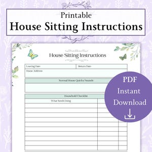 House Sitting Instructions Printable PDF | House Sitter Plan | House Sitting Info | Household Manual | House Checklist