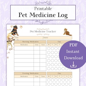 Può includere: Un tracker di log per farmaci per animali domestici stampabile con un'illustrazione di un cane marrone e un gatto. Il tracker ha sezioni per i farmaci del mattino e della sera, con colonne per i farmaci, la dose, l'ora e i giorni della settimana.