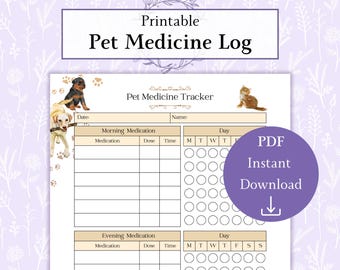 Pet Medicine Log Printable PDF | Pet Health Tracker | Pet Med Tracker | Medication Log | Pet Medicine Tracker