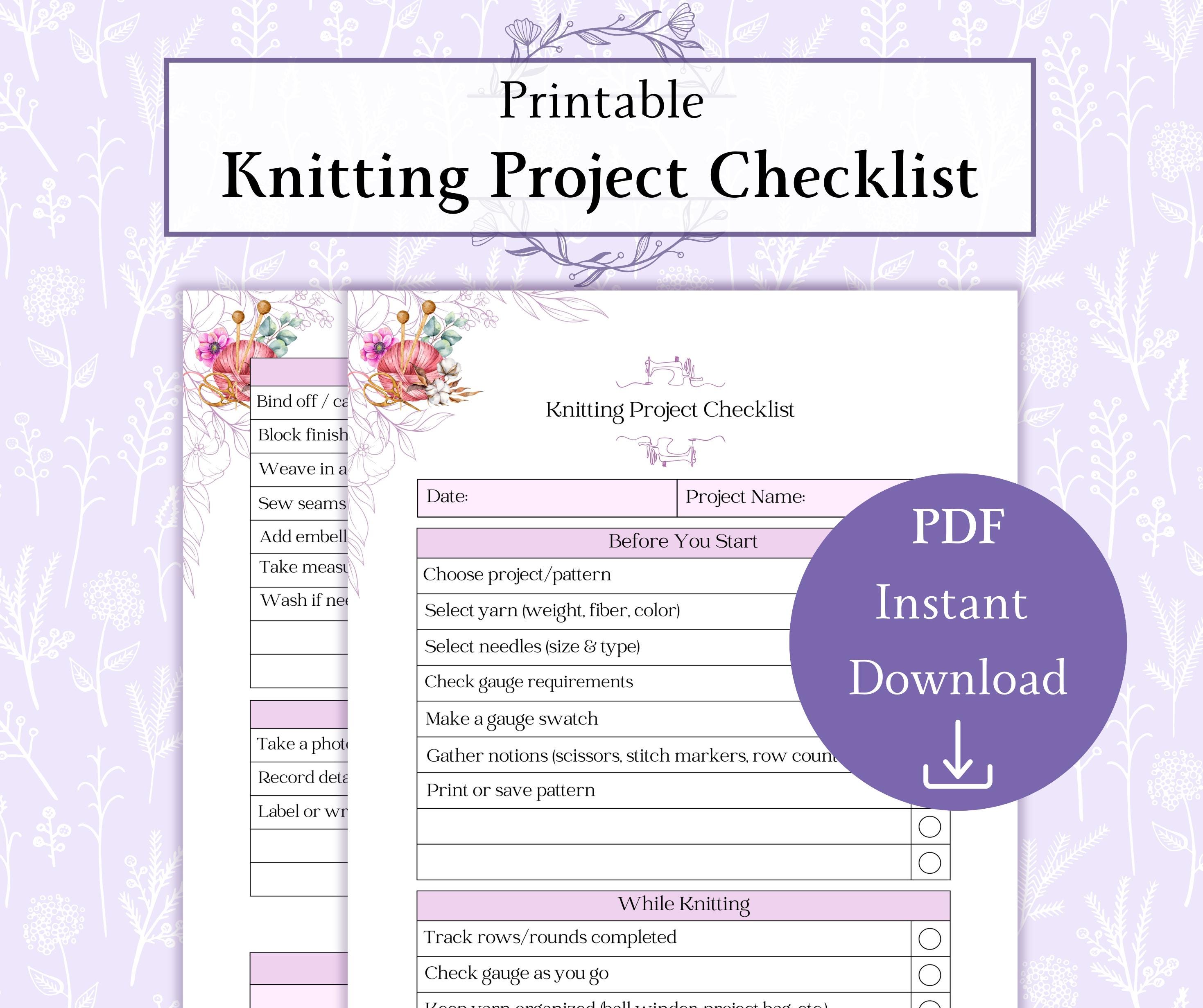 Knitting Project Checklist Printable PDF, Knitting Planner, Knitting Project Planner, Knitting ...