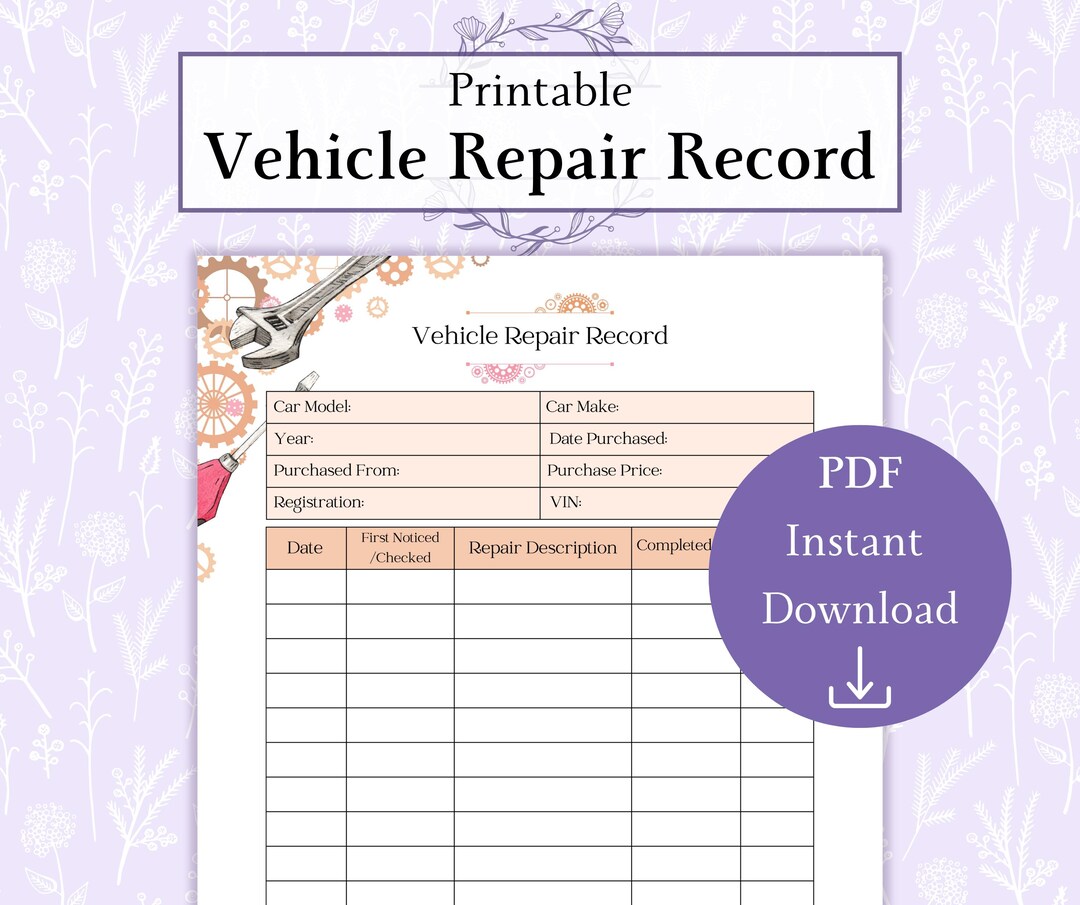 Car Repair Record Printable PDF | Vehicle Care Log | Auto Maintenance ...