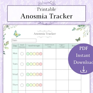 Anosmia-tracker afdrukbare pdf | Logboek geurverlies | Wekelijkse geurfunctietracker | Grafiek voor geurherstel | Geurfunctielogboek