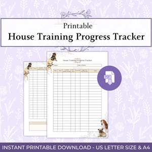 May include: A printable house training progress tracker with a floral design. The document features a grid layout for tracking progress, with decorative dog illustrations. The text "House Training Progress Tracker" is displayed at the top. The image also includes a PDF icon.