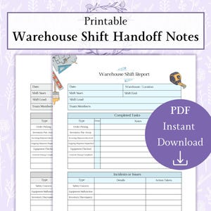 Op de afbeelding: Afdrukbare Warehouse Shift Handoff Notes. De afbeelding toont een sjabloon voor een magazijnshiftrapport met secties voor datum, shiftgegevens, teamleden, voltooide taken en incidenten. Er is ook een paarse cirkel met de tekst "PDF Direct downloaden".