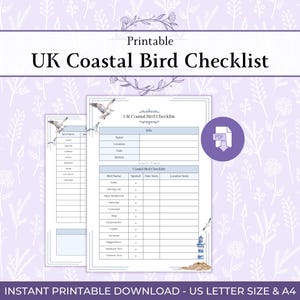 May include: Printable UK Coastal Bird Checklist with a watercolor illustration of seagulls and a lighthouse. The checklist includes sections for bird names, spotting details, and location. The PDF download is available in US Letter size.