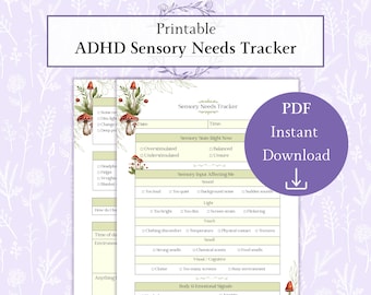 ADHD Sensory Needs Tracker Printable PDF, Sensory Overload and Regulation Log, Neurodivergent Self Care Planner