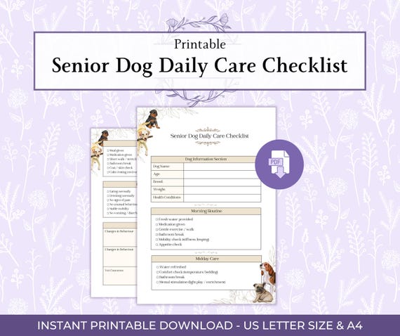 Senior Dog Daily Care Checklist Printable PDF, Aging Dog Care Planner Printable, Dog Medication And Care Tracker, Senior Pet Care Log