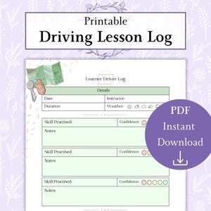 運転レッスンログ（印刷可能なPDF） | ドライバーログシート | 初心者ドライバートラッカー | 運転スキルトラッカー | 新規ドライバーの進捗状況