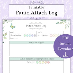 May include: Printable panic attack log featuring a butterfly graphic. The log includes sections for date, time, sleep quality, location, mood before, suspected trigger, what happened, and severity. The log is designed to help track and manage panic attacks.