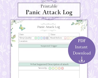 Dziennik ataków paniki do wydrukowania w formacie PDF | Dziennik zaburzeń paniki | Dziennik objawów | Dziennik lęku | Dziennik ataków paniki