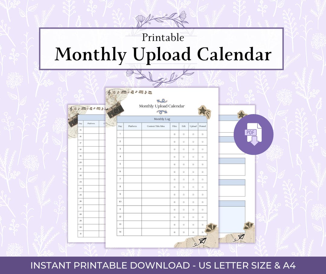 Monthly Upload Calendar Printable PDF, Content Creator Planner, Upload ...