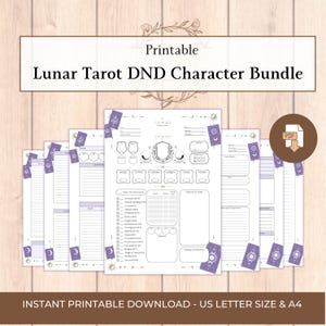Op de afbeelding: Een printbare Lunar Tarot DND-karakterbundel met meerdere witte vellen papier met zwarte tekst, lijnen en paarse tarotkaartillustraties. De vellen bevatten secties voor karakterstatistieken, vaardigheden en eigenschappen, met een PDF-pictogram.
