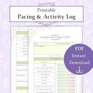 Op de afbeelding: Printable Pacing & Activity Log met een Symptom Flare Log (CFS/ME) ontwerp. De PDF bevat secties voor het registreren van symptomen, mogelijke triggers en kernsymptomen. Een paarse cirkel met "PDF Instant Download" tekst.