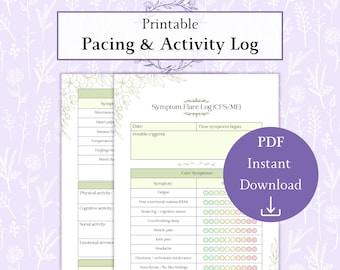 May include: Printable Pacing & Activity Log with a Symptom Flare Log (CFS/ME) design. The PDF includes sections for recording symptoms, possible triggers, and core symptoms. A purple circle with "PDF Instant Download" text and a downward arrow is on the right.