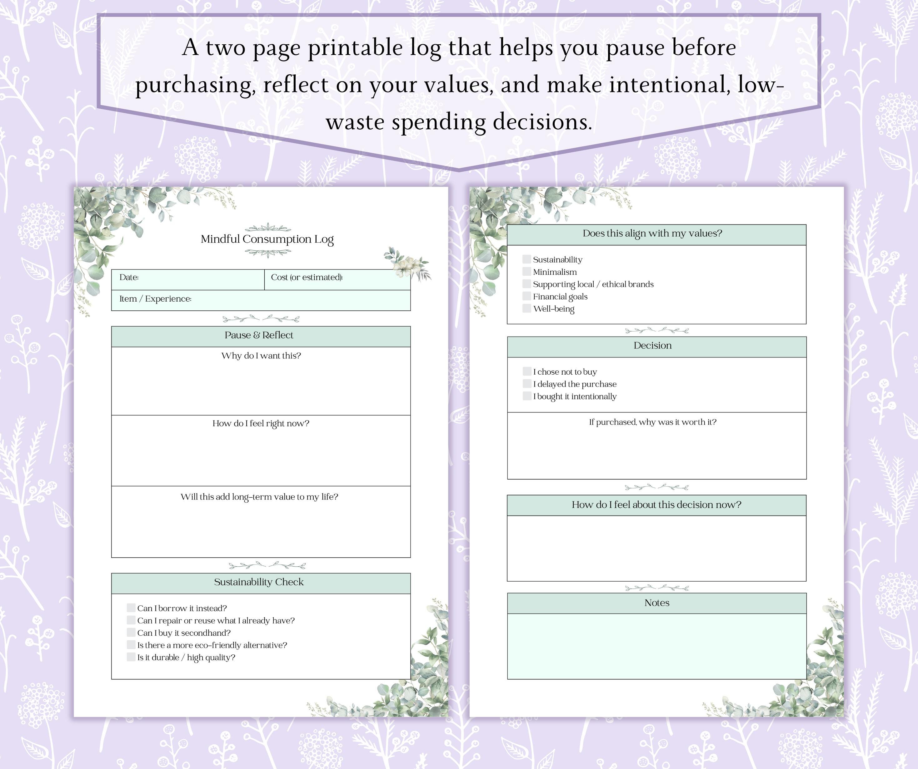 Mindful Consumption Log Printable PDF, Intentional Spending Tracker ...