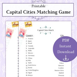 Könnte beinhalten: Ein druckbares Hauptstadt-Zuordnungsspiel mit einer Liste von Ländern und Städten. Das Spiel zeigt einen lila Kreis mit dem Text "PDF Sofort-Download" und dekorativen Briefmarken. Der Hintergrund ist ein hellviolettes Blumenmuster.