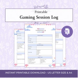 Könnte beinhalten: Ein druckbares Gaming-Sitzungsprotokoll mit Abschnitten für Sitzungsdetails, Spielinformationen und Tagesziele. Das Layout enthält hellblaue Kopfzeilen, Herzsymbole und kleine Pilzillustrationen. Der Text lautet 'Printable Gaming Session Log'.
