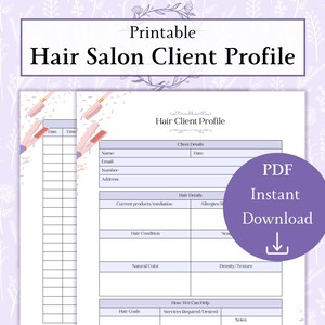 Perfil do cliente do salão de cabeleireiro PDF para impressão | Rastreador de compromissos do cliente | Registro do cliente de cabelo | Gerente do salão | Formulários de cabeleireiro