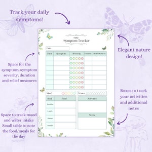May include: A printable daily symptom tracker with a nature-inspired design. The tracker includes sections for date, time, symptom, severity, duration, relief measures, mood, water intake, food, activities, and notes.