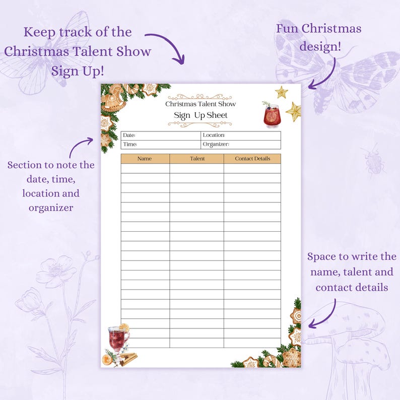 Christmas Talent Show Sign up Sheet Printable PDF | Talent Show ...