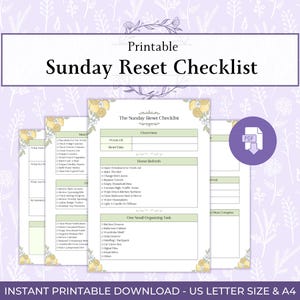 Pode incluir: Uma lista de verificação imprimível Sunday Reset Checklist com seções para Overview, Home Refresh e One Small Organizing Task. A página tem um esquema de cores verde claro e branco com detalhes florais amarelos e um ícone PDF roxo.