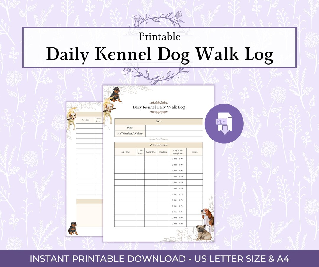 K9 Log Daily Kennel Dog Walk Log Printable PDF, Kennel Walk Tracker Sheet, Pet ...