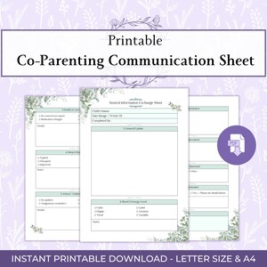 May include: Printable co-parenting communication sheet with sections for health, school, and mood. The PDF download is available in letter size and A4 formats. The design includes floral accents and a neutral color palette.