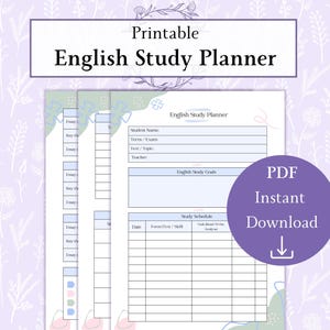 Utskrivbar PDF för engelsk studieplanerare, repetitionsplanerare för litteratur och språk, studieorganisatör för engelsk tentamen, studentplanerare i PDF-format