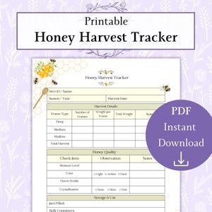 May include: Printable Honey Harvest Tracker with a purple floral background. The tracker includes sections for hive details, harvest details, honey quality, and storage information. A PDF instant download is available.