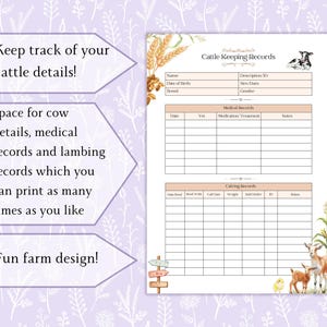 May include: Printable cattle keeping record sheet with a watercolor design of wheat, cows, and farm animals. The sheet includes sections for medical records, calving records, and general cattle information.